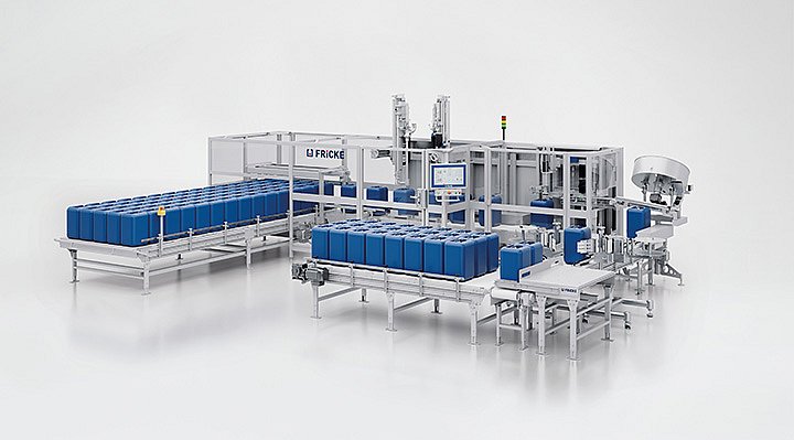 Vollautomatische Abfüllanlage AFS 22 für schäumende oder explosionsfähige Flüssigkeiten, modular erweiterbar mit Verschraubung, Etikettierung und Fördertechnik für effiziente Abfüllaufträge.