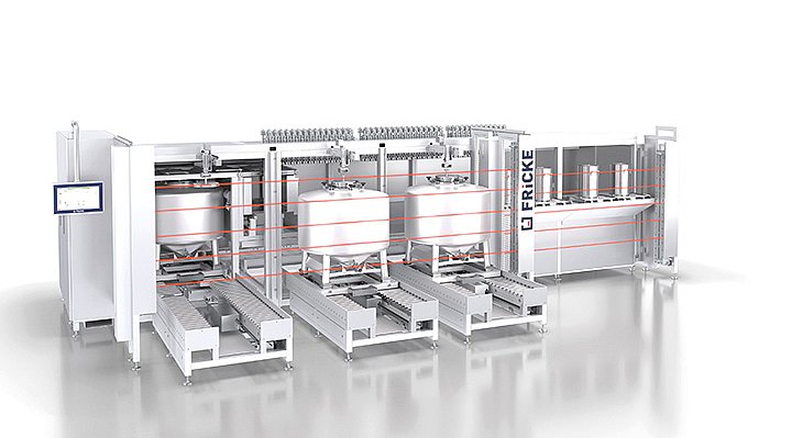 Auf dem Bild ist die Dosieranlage DUPLEX von FRICKE zu sehen. Sie ist modular aufgebaut und für präzise, automatisierte Dosierprozesse ausgelegt.