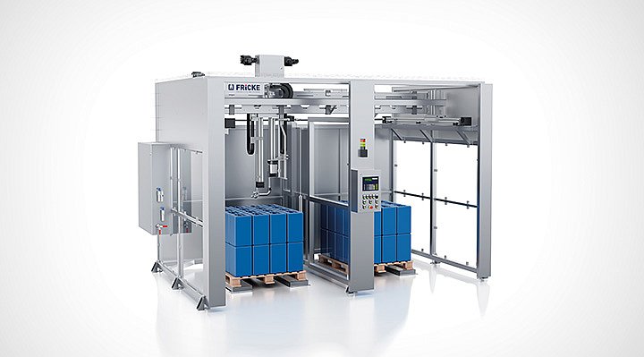 Die FRICKE-Abfüllanlage zeigt eine kompakte Konstruktion mit automatisierten Funktionen zur Befüllung von Kanistern auf der Palette. n blauen Kisten.