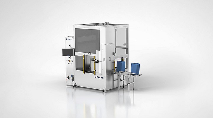 Vollautomatische Abfüllanlage AFS 25 mit automatischem Gebindedrehtisch und integriertem Kappenschrauber zur präzisen Abfüllung schäumender oder explosionsfähiger Flüssigkeiten.