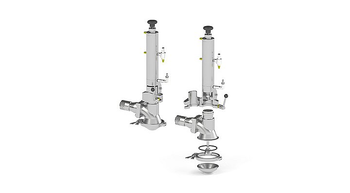 Überspiegel-Abfüllventile FVS 10/11 aus Edelstahl für nicht schäumende Flüssigkeiten in offenen Gebinden; präzise, spritzfreie Abfüllung von niedrigviskos bis pastös, leicht zu reinigen.
