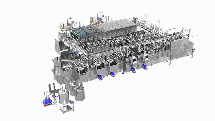 A detailed layout of an automated production facility with various components for material processing and storage.