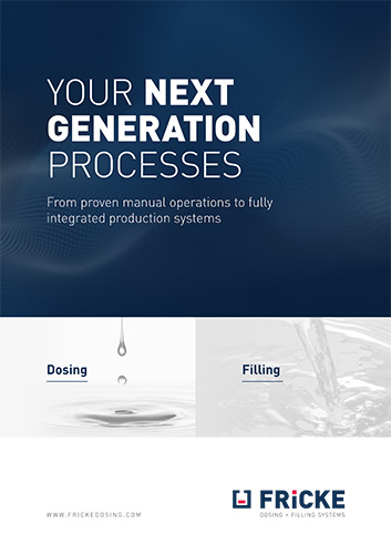 Das Bild zeigt eine moderne Broschüre, die innovative Dosier- und Füllsysteme von Fricke bewirbt.