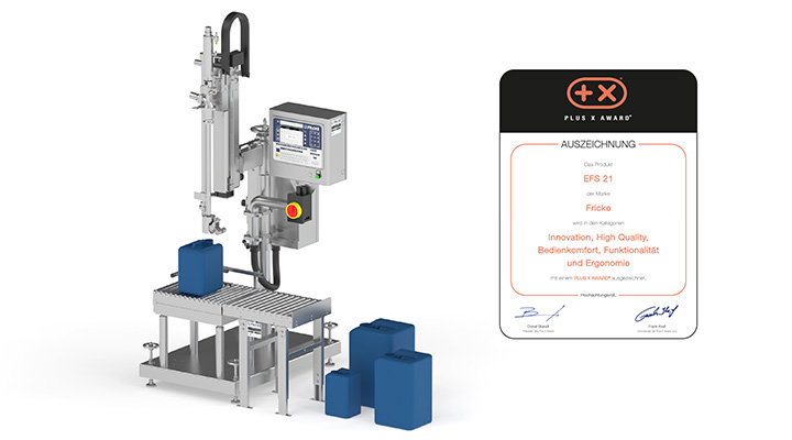Ergonomische Unterspiegelabfüllung mit der EFS 21 von FRICKE, ausgezeichnet mit dem Plus X Award, für eine sichere und präzise Flüssigkeitsabfüllung.