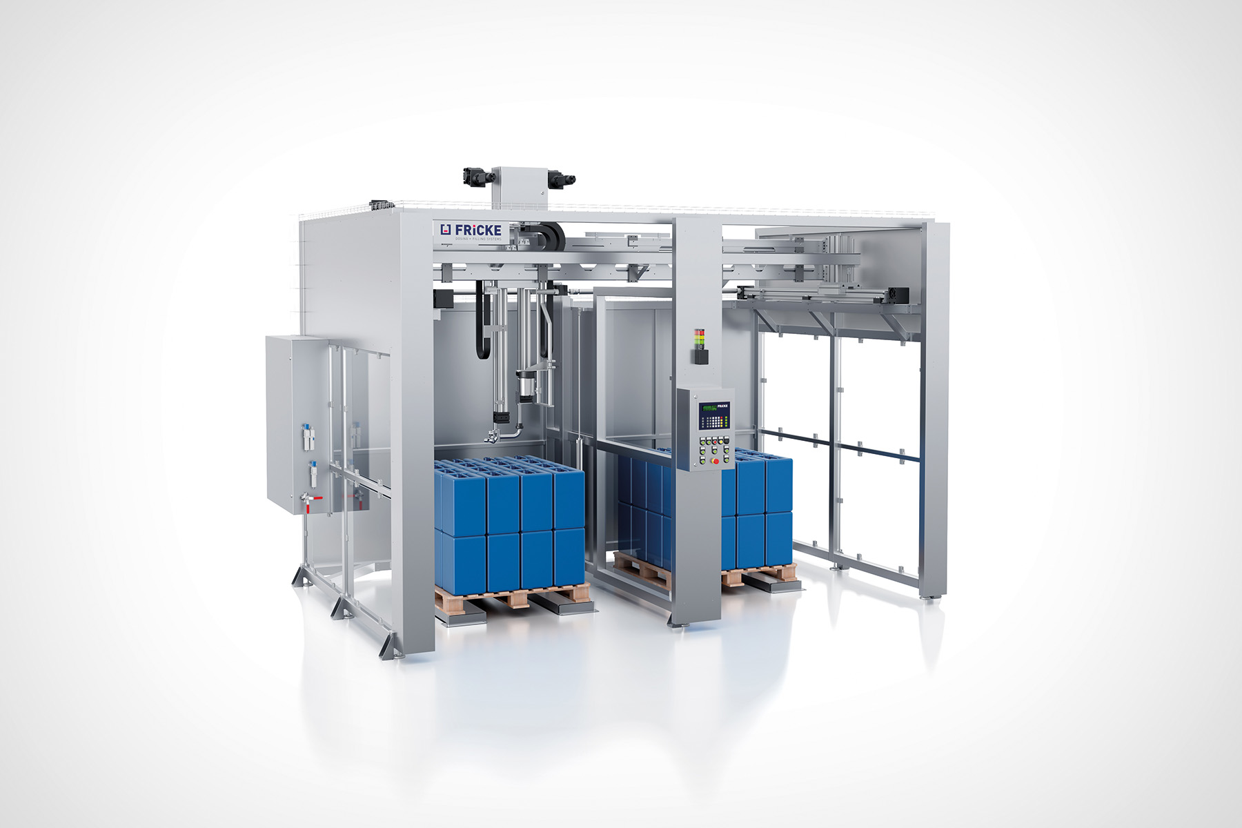 FRICKE AFS 20 below-level filling system with two filling cells for the automated filling of liquids into canisters, drums, and IBCs directly on the pallet.