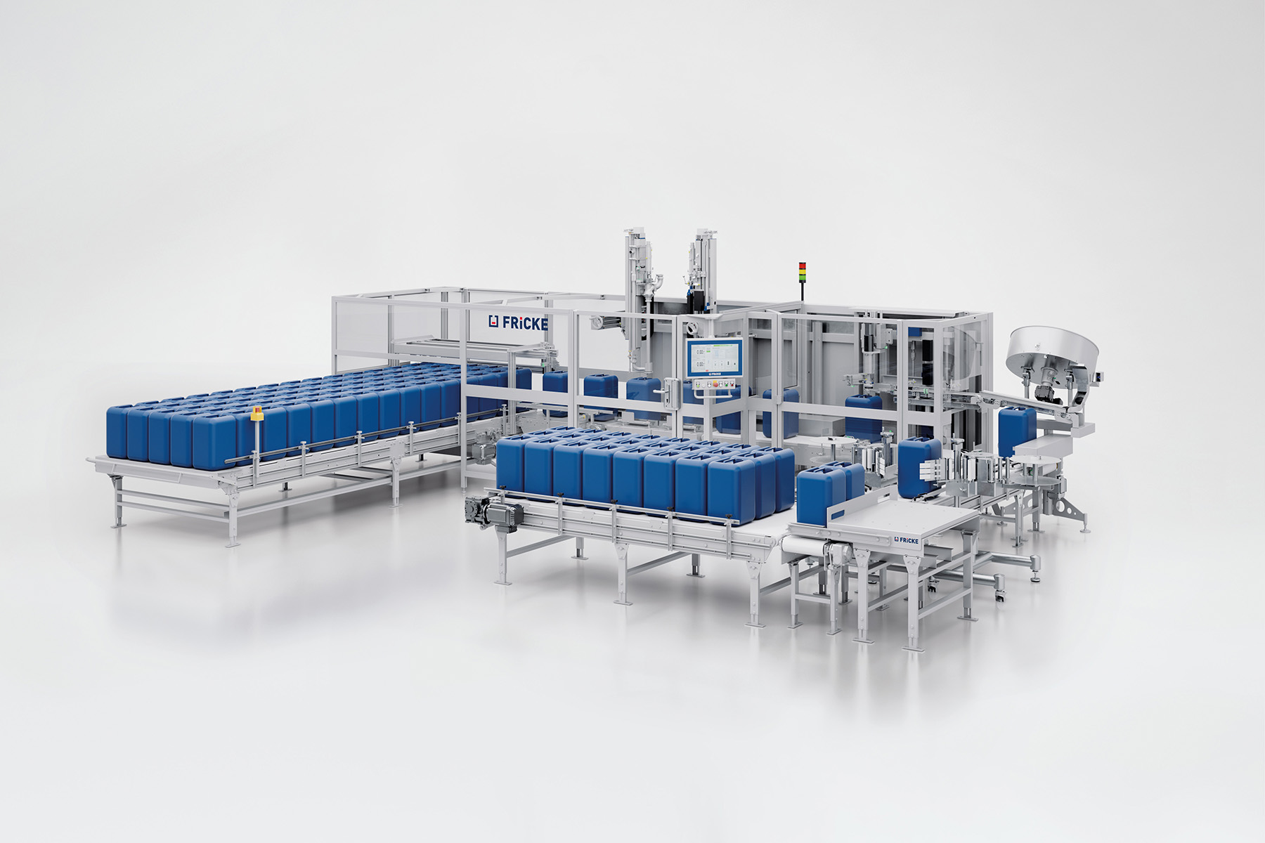FRICKE AFS 22 below-level filling system with an automatic capper and container accumulation tables for the fully automated filling of liquids into canisters.