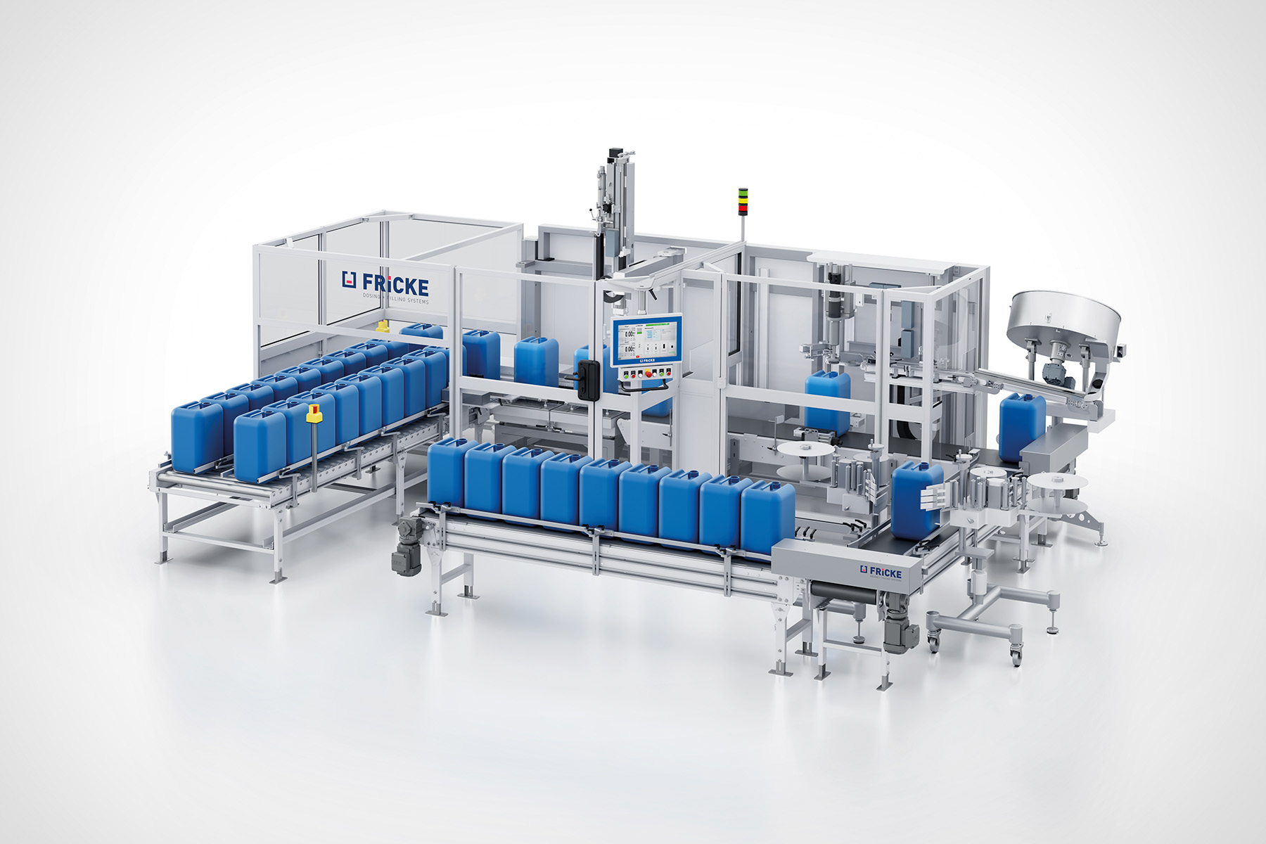 FRICKE AFS 22 below-level filling system with an automatic capper and accumulation roller conveyors for filling liquids into canisters.