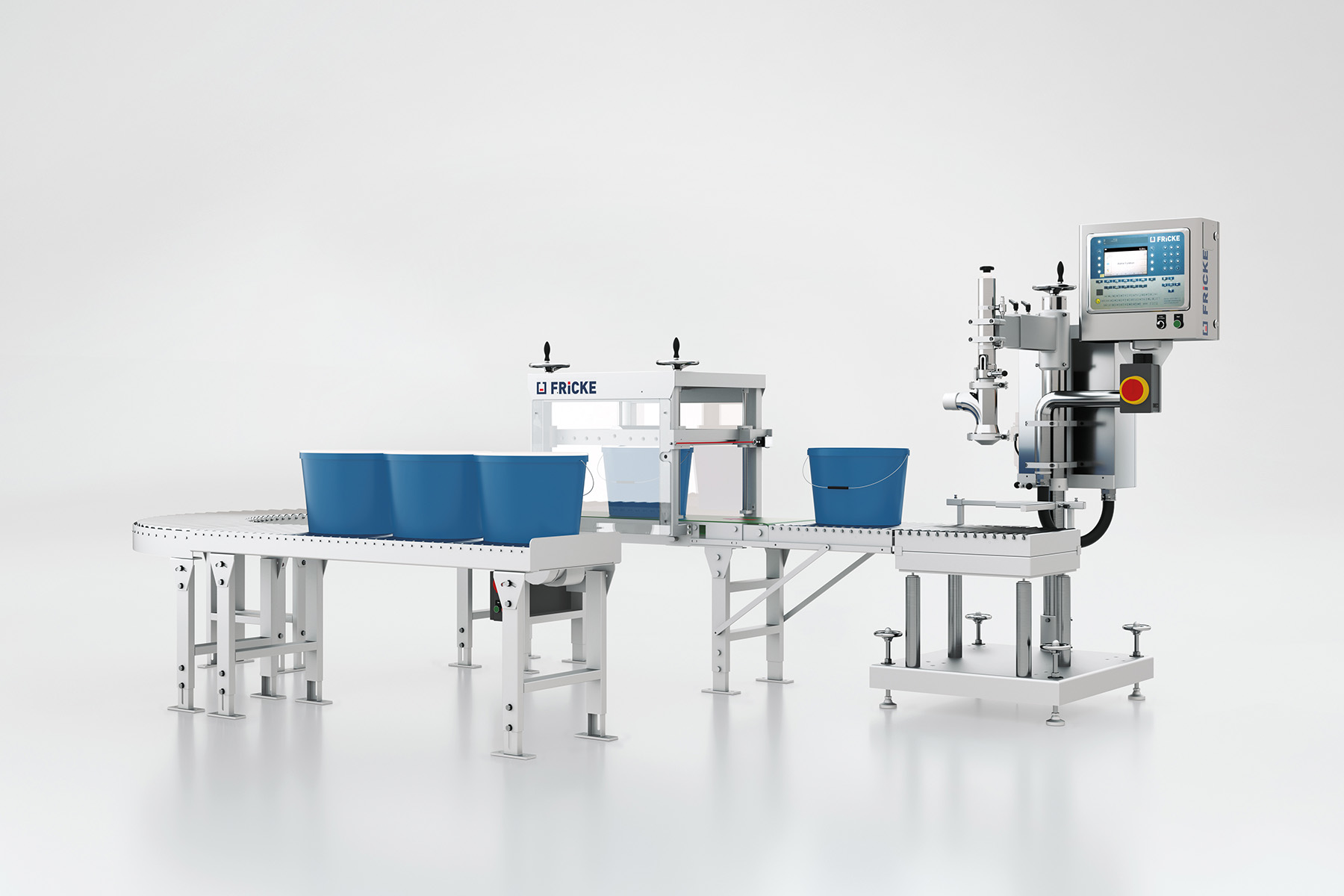 FRICKE EFS 11 above-level filling system with DS 400 lid closer for the semi-automatic, legal-for-trade filling of non-foaming liquids into cans and pails.