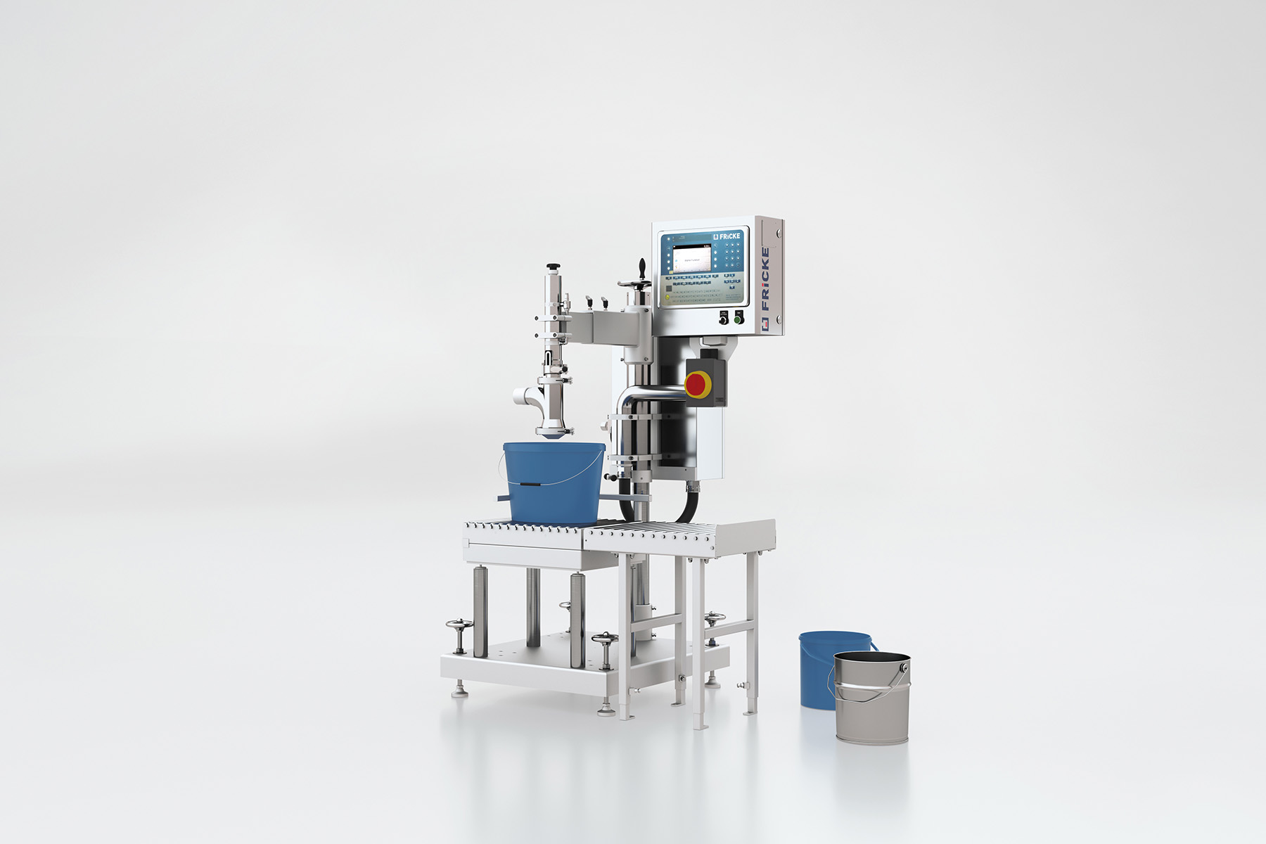 Compact FRICKE EFS 11 above-level filling system for the semi-automatic, legal-for-trade filling of non-foaming liquids into cans, pails, and drums.