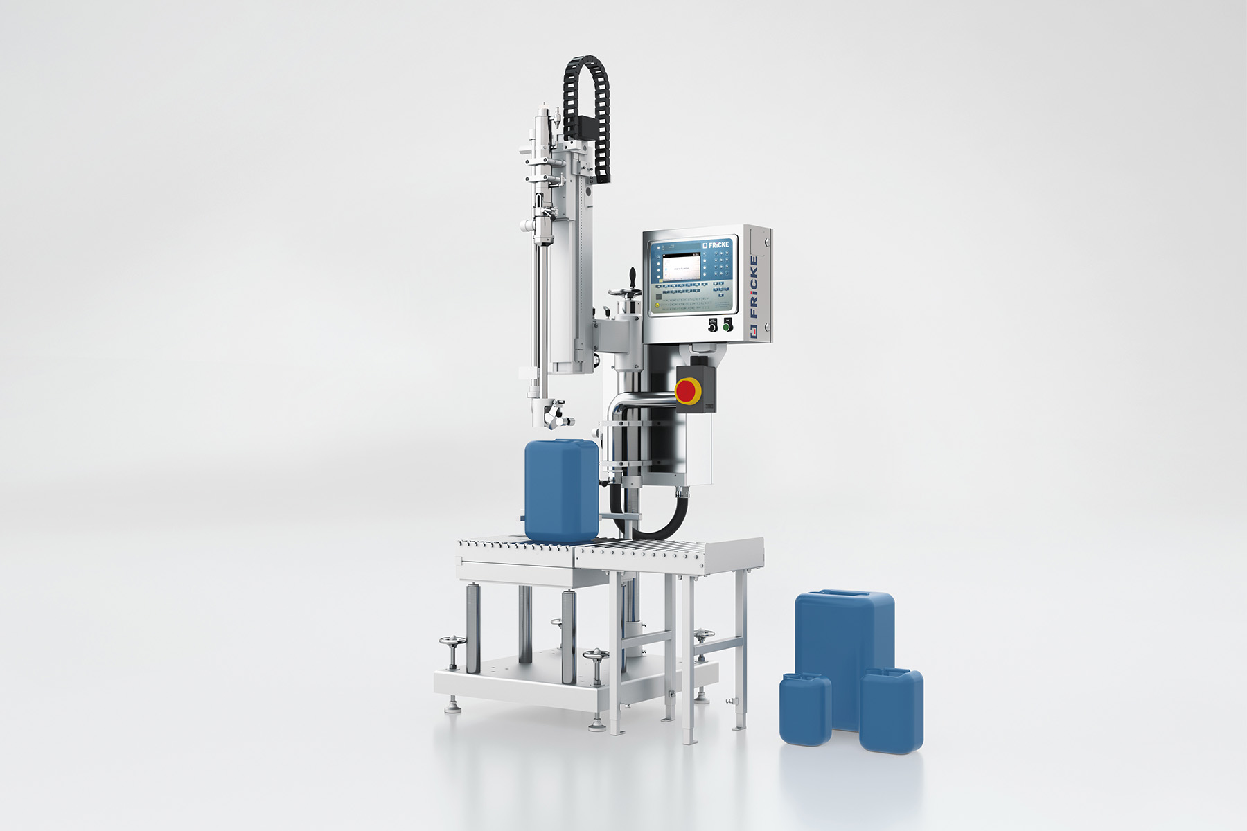 Compact FRICKE EFS 21 below-level filling system for the semi-automatic, legal-for-trade filling of foaming or flammable liquids into cans, pails, canisters, and drums.