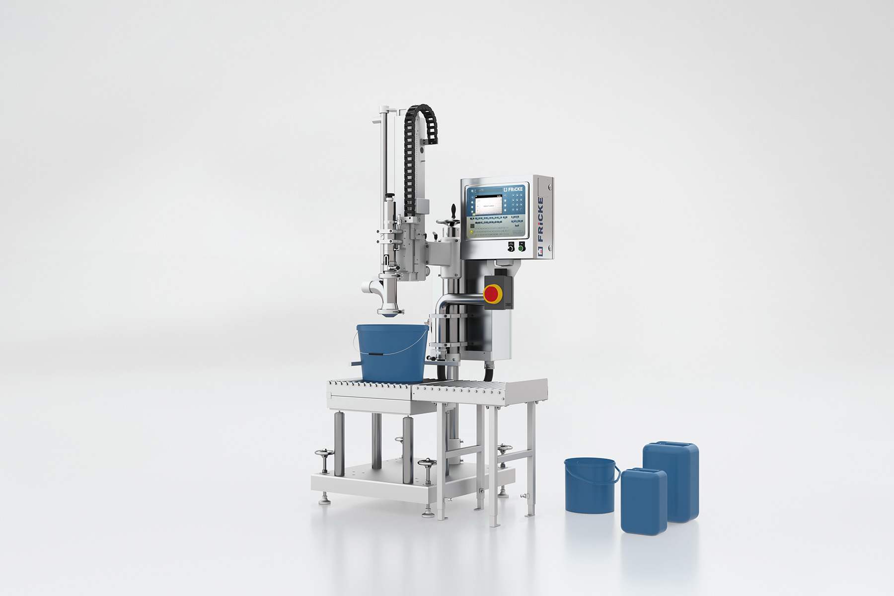 FRICKE EFS 51 above-level filling system with an above-level filling valve for the semi-automatic, legal-for-trade filling of non-foaming liquids into cans, pails, canisters, and drums.
