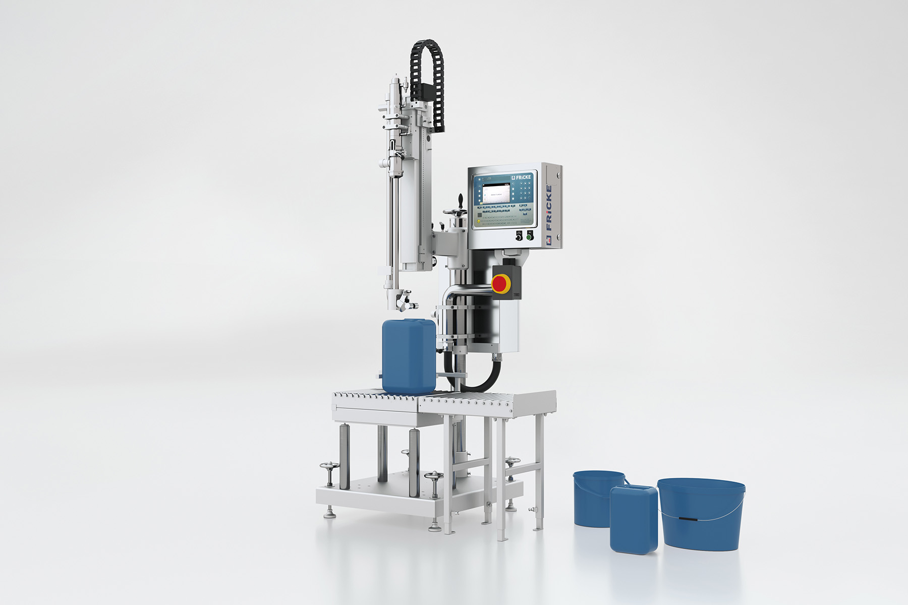 FRICKE EFS 51 below-level filling system with a below-level filling valve for the semi-automatic, legal-for-trade filling of foaming or flammable liquids into cans, pails, canisters, and drums.