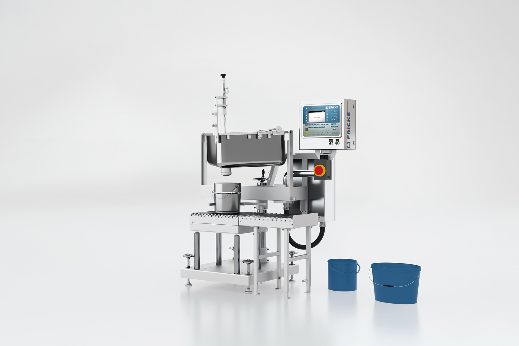 Compact FRICKE EFS 61 above-level filling system with an integrated intermediate tank for the semi-automatic, legal-for-trade filling of non-foaming liquids into cans, pails, and drums.
