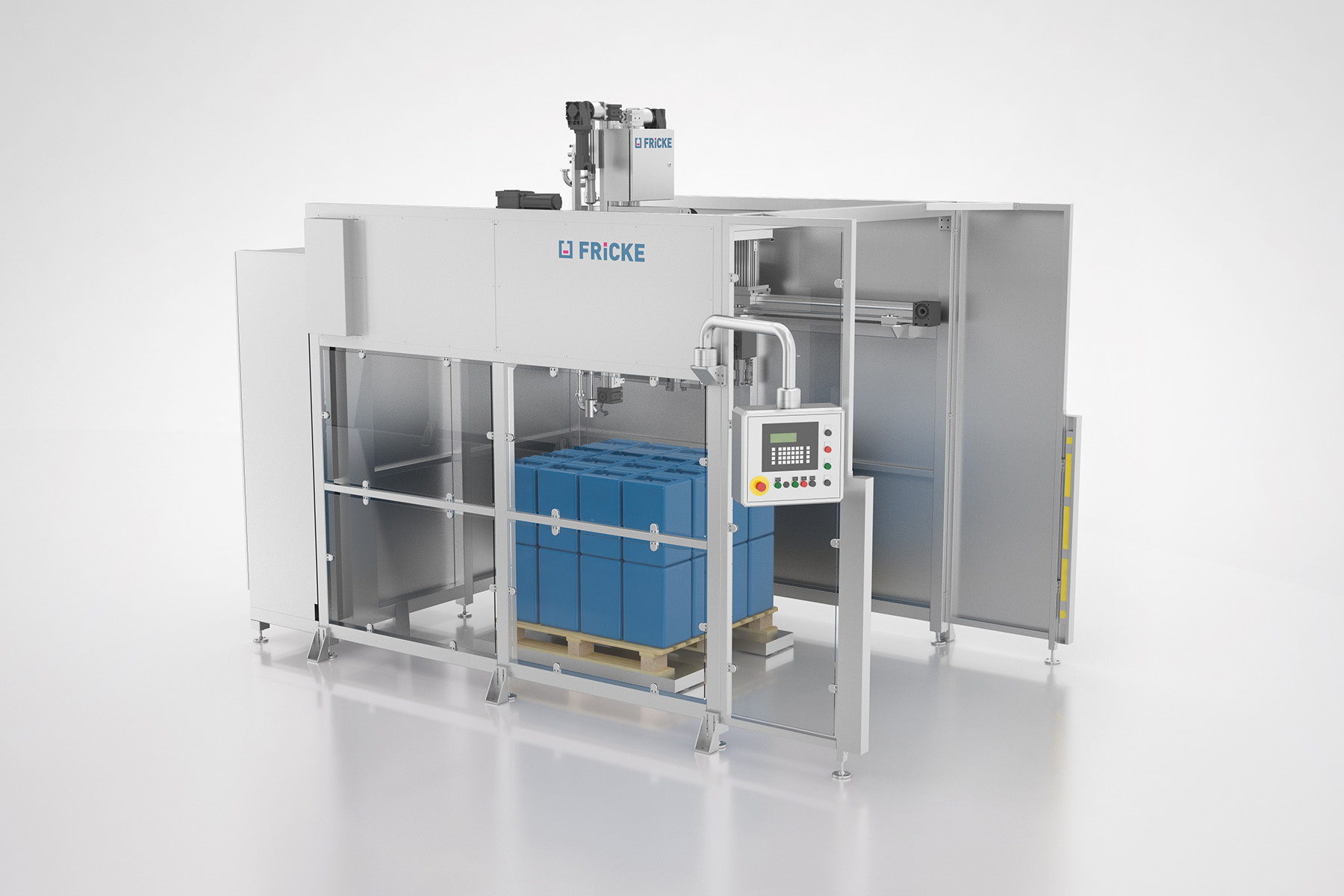 FRICKE FFS 20 filling system for the automatic filling of different containers on pallets.