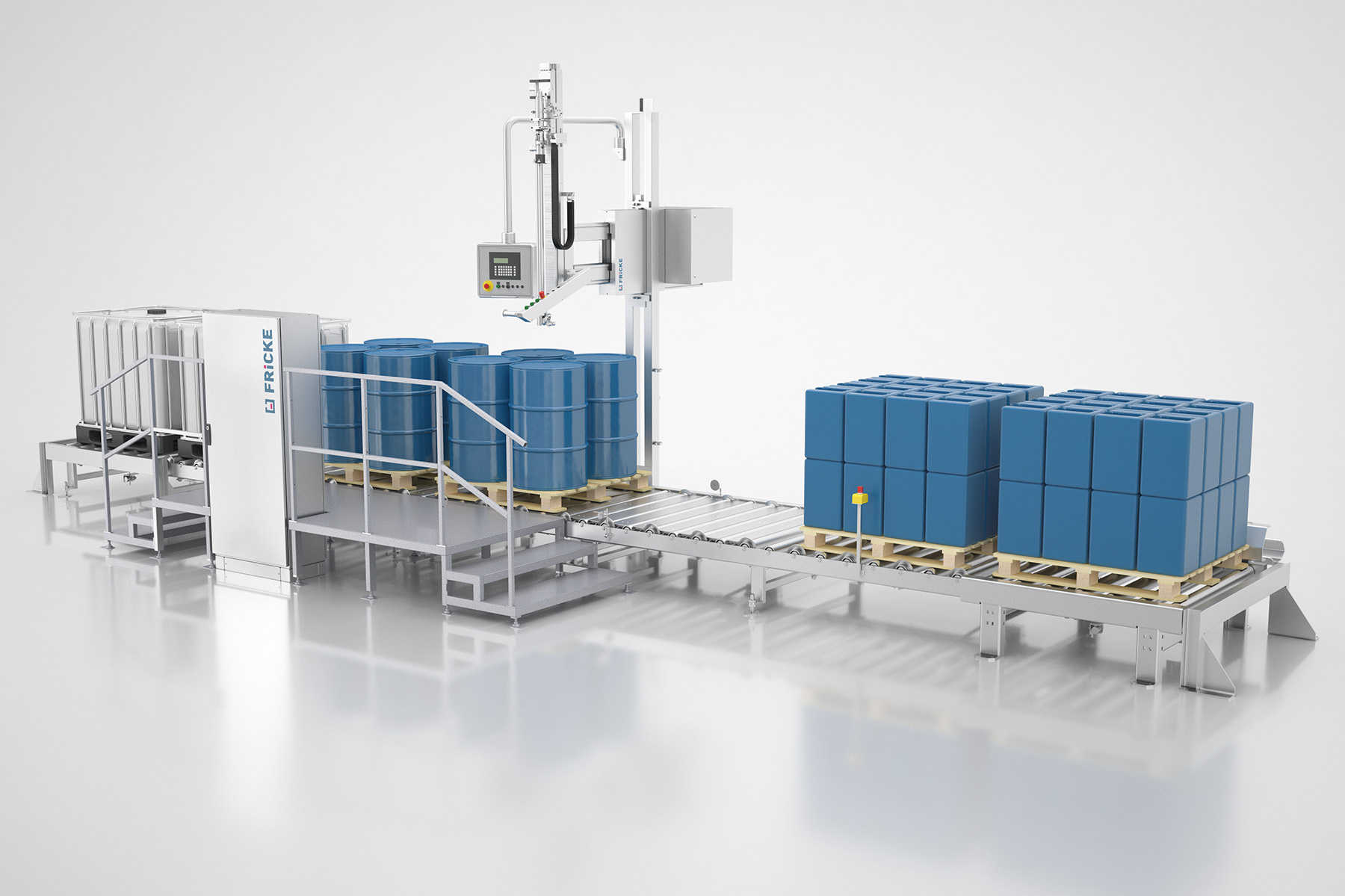 FRICKE FFS 21 below-level filling system with a powered conveyor system for the precise filling of foaming or flammable liquids into canisters, drums, and IBCs.