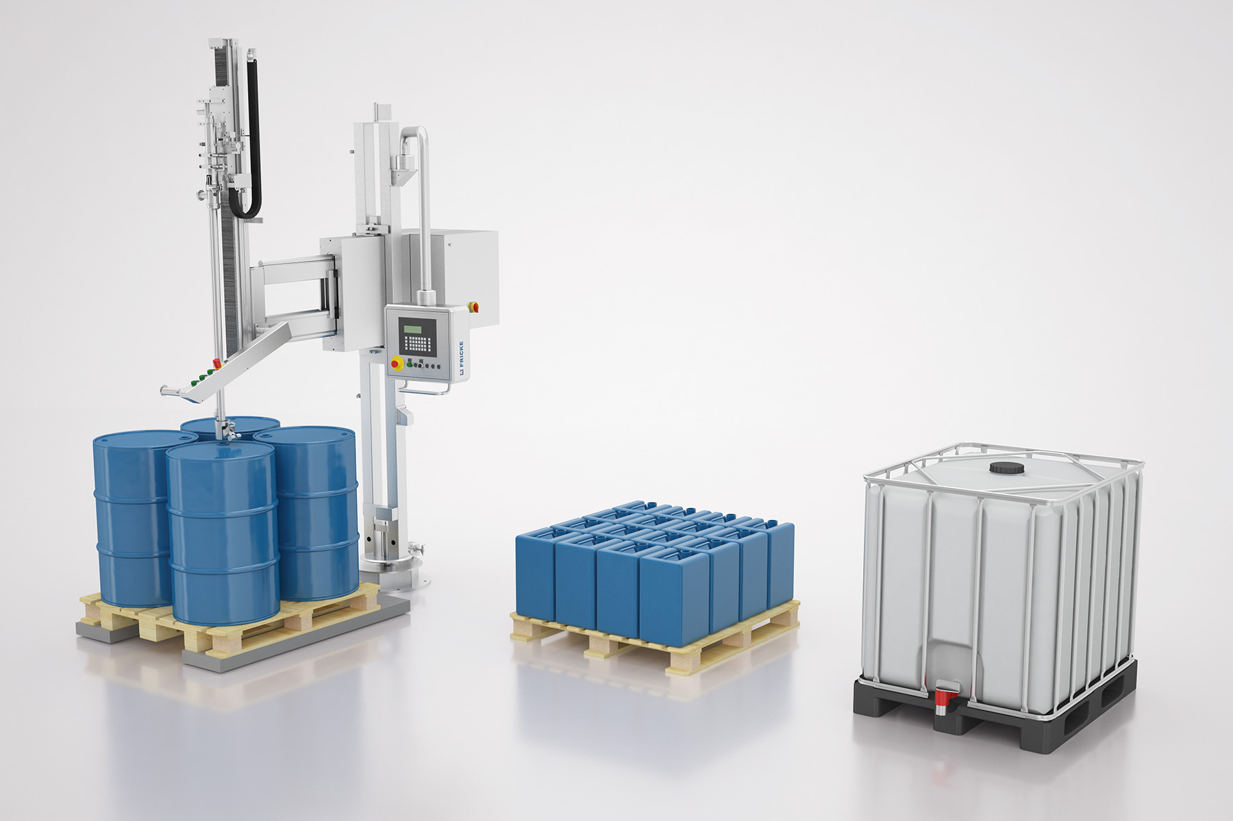 FRICKE FFS 21 below-level filling system for the precise, legal-for-trade filling of foaming or flammable liquids into canisters, drums, and IBCs directly on the pallet.