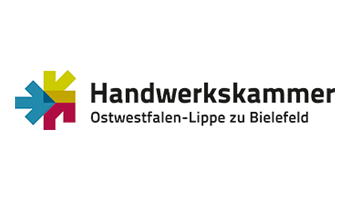 The logo of the East Westphalia-Lippe Chamber of Crafts in Bielefeld features a modern, colorful design with geometric shapes.