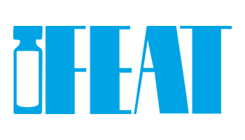 The lettering IFEAT in a fresh shade of blue, placed on a neutral background and looking modern.