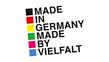 A modern logo with the words ‘Made in Germany’ and ‘Made by Diversity’ in different colors and fonts.